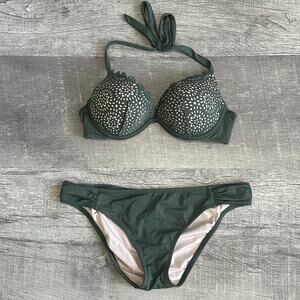 Shade & Shore Laser Cut Halter Bikini Top 36B Swimsuit Set Bottom LG Push Up